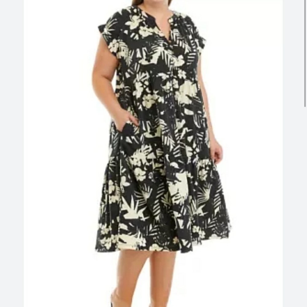 Wonderly Floral Midi Dress 4X Black Cream Soft Tropical Vacation Travel New
